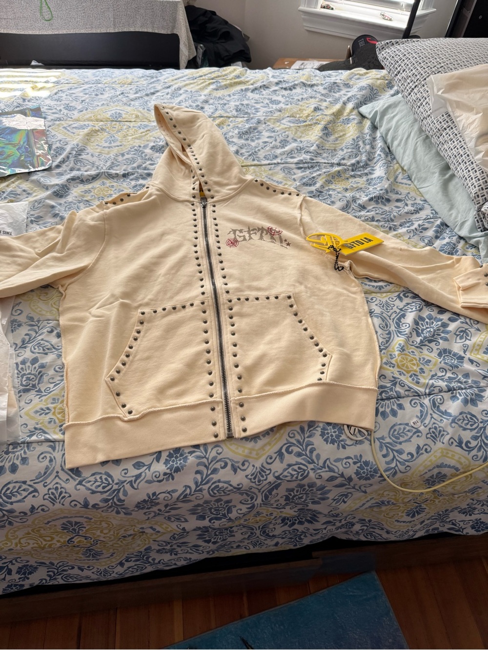 GFTDLA Cream Stud-Trim Zip Up Mens Hoodie